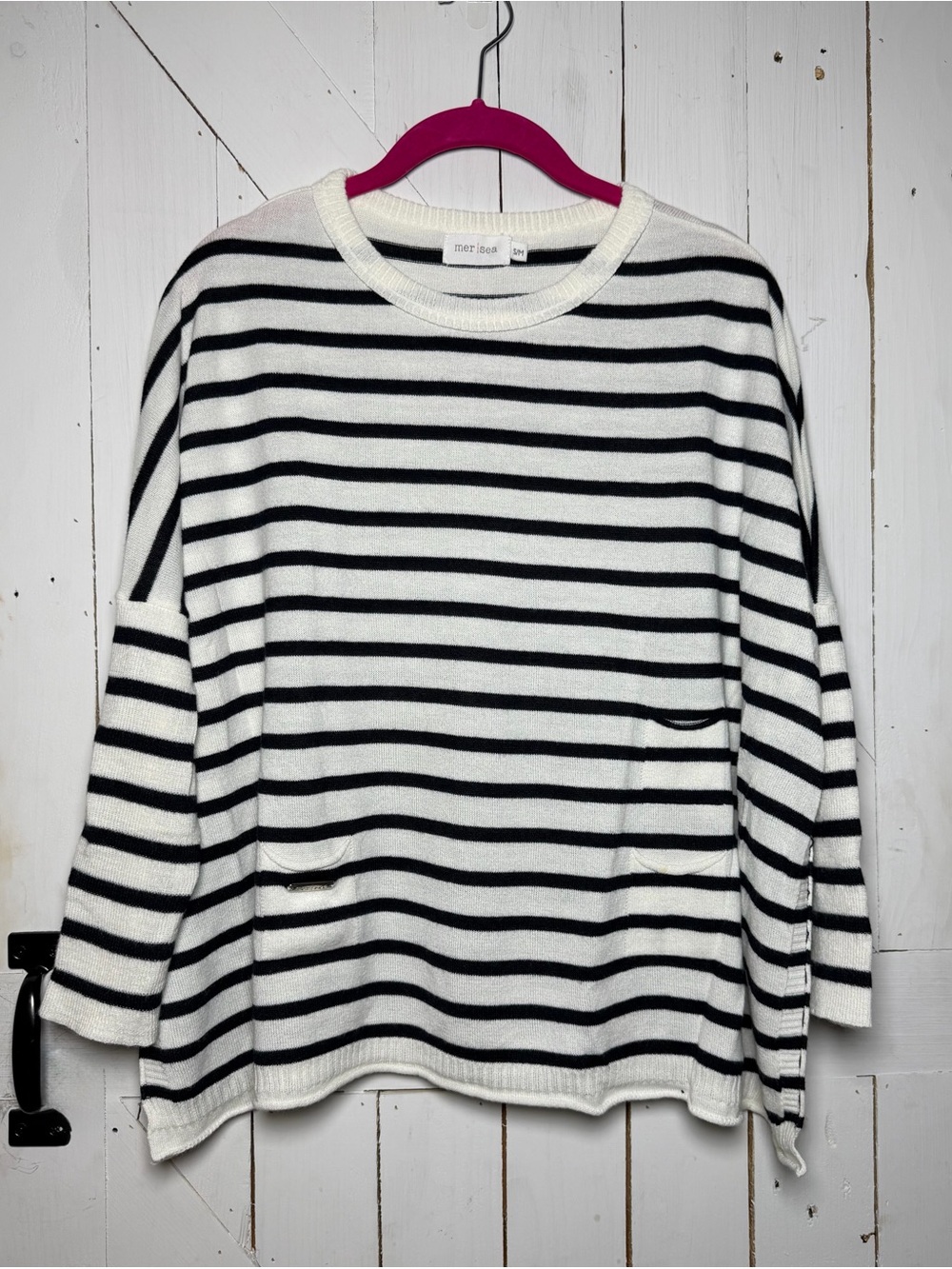 Mer Sea Catalina Navy Ivory Stripe Oversized Knit Sweater S/M